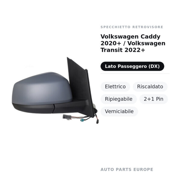 Specchietto Retrovisore Destro Volkswagen Caddy 2020+ / Volkswagen Transit 2022+ – Elettrico, Riscaldato, Ripiegabile, 2+1