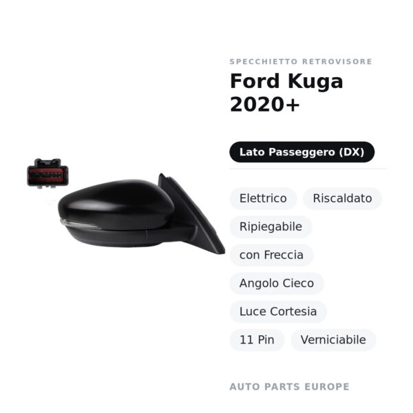 Außenspiegel Rechts Ford Kuga 2020+ – Elektrisch, Beheizt, Klappbar, mit Blinker, Toter Winkel, Courtesy Light, 11-polig