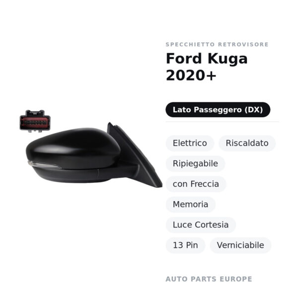 Außenspiegel Rechts Ford Kuga 2020+ – Elektrisch, Beheizbar, Klappbar, mit Blinker, Speicher, Umgebungslicht, 13-polig