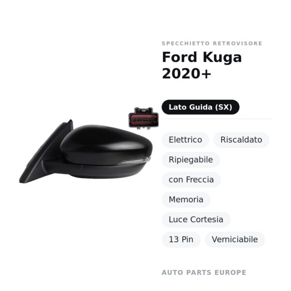 Specchietto Retrovisore Sinistro Ford Kuga 2020+ – Elettrico, Riscaldato, Ripiegabile, con Freccia, Memoria, Luce Cortesia