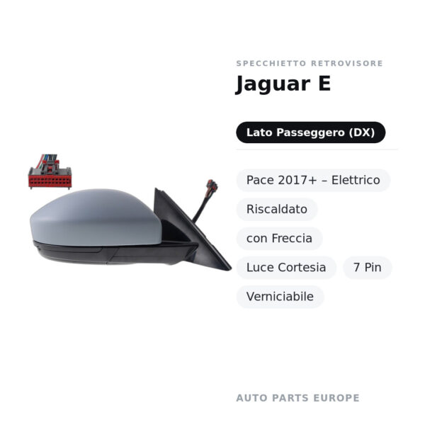 Specchietto Retrovisore Destro Jaguar E-Pace 2017+ – Elettrico, Riscaldato, con Freccia, Luce Cortesia, 7 Pin, Verniciabile
