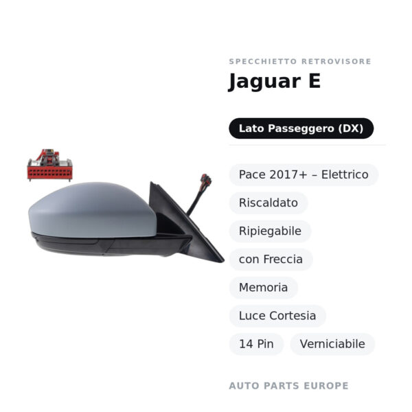 Specchietto Retrovisore Destro Jaguar E-Pace 2017+ – Elettrico, Riscaldato, Ripiegabile, con Freccia, Memoria, Luce