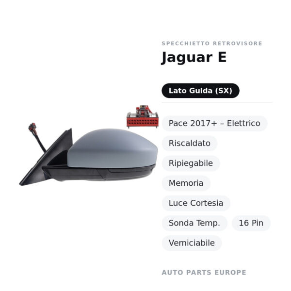 Specchietto Retrovisore Sinistro Jaguar E-Pace 2017+ – Elettrico, Riscaldato, Ripiegabile, Memoria, Luce Cortesia, Sonda