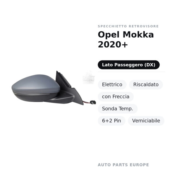 Specchietto Retrovisore Destro Opel Mokka 2020+ – Elettrico, Riscaldato, con Freccia, Sonda Temp., 6+2 Pin, Verniciabile