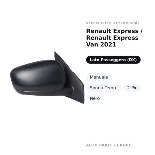 Außenspiegel Rechts Renault Express / Renault Express Van 2021 – Manuell, Temperatursensor, 2-polig, Schwarz – Bild 2