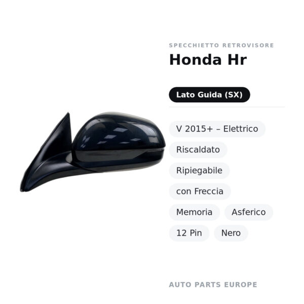 Außenspiegel Links Honda Hr-V 2015+ – Elektrisch, Beheizt, Klappbar, mit Blinker, Memory, Asphärisch, 12-polig, Schwarz
