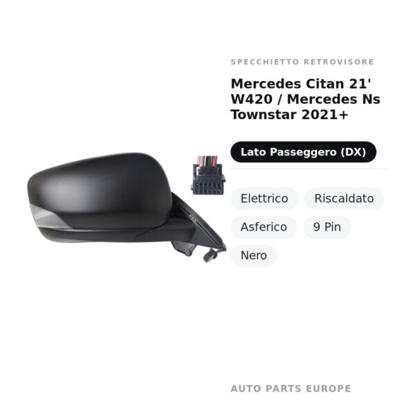 Außenspiegel Rechts Mercedes Citan 21' W420 / Mercedes Ns Townstar 2021+ – Elektrisch, Beheizt, Asphärisch, 9-polig, Schwarz