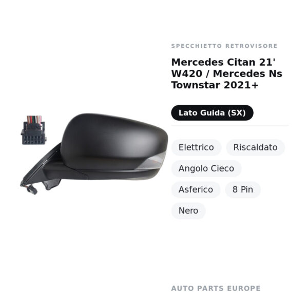 Außenspiegel Links Mercedes Citan 21' W420 / Mercedes Ns Townstar 2021+ – Elektrisch, Beheizt, Totwinkelassistent