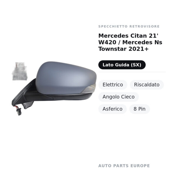 Specchietto Retrovisore Sinistro Mercedes Citan 21′ W420 / Mercedes Ns Townstar 2021+ – Elettrico, Riscaldato, Angolo Cieco