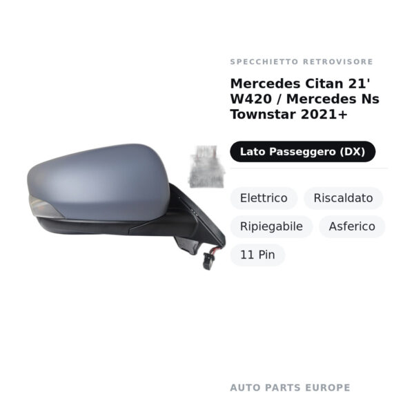 Außenspiegel Rechts Mercedes Citan 21' W420 / Mercedes Ns Townstar 2021+ – Elektrisch, Beheizt, Klappbar, Asphärisch, 11 Pin