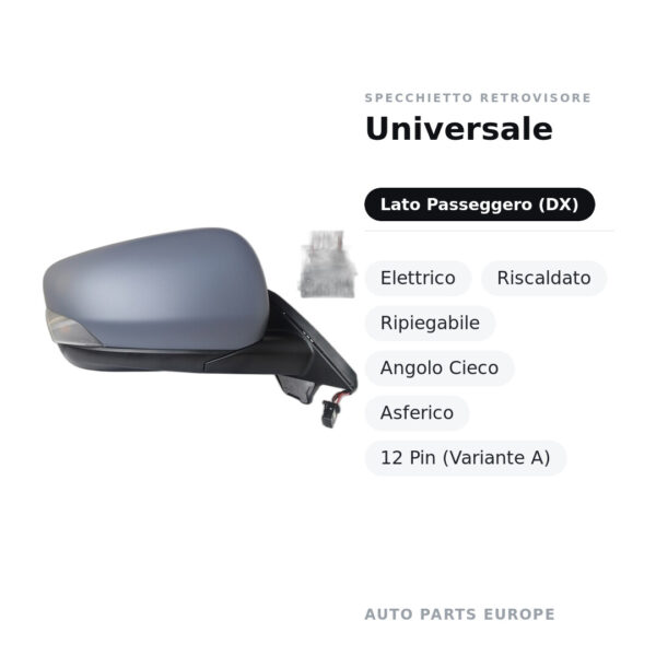 Specchietto Retrovisore Destro Universale – Elettrico, Riscaldato, Ripiegabile, Angolo Cieco, Asferico, 12 Pin (Variante A)
