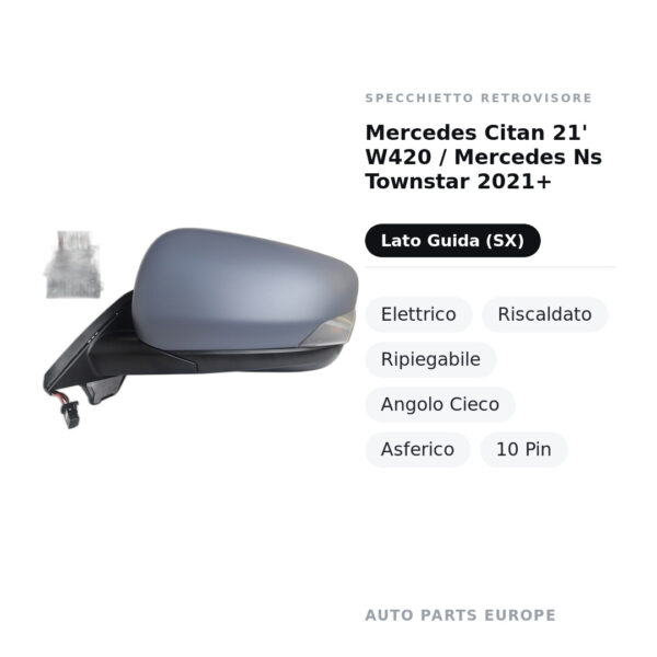 Außenspiegel Links Mercedes Citan 21' W420 / Mercedes Ns Townstar 2021+ – Elektrisch, Beheizt, Klappbar
