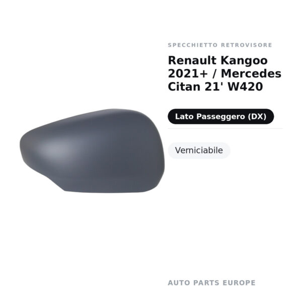 Calotta Specchietto Retrovisore Destro Renault Kangoo 2021+ / Mercedes Citan 21′ W420 – Verniciabile – foto 2