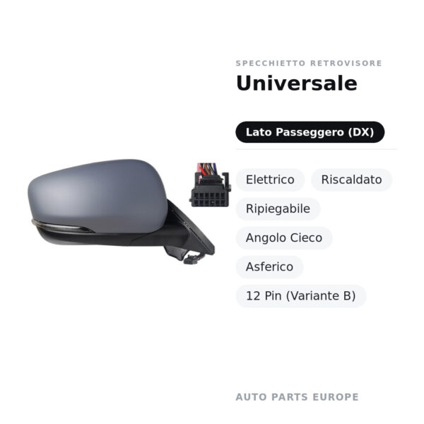 Specchietto Retrovisore Destro Universale – Elettrico, Riscaldato, Ripiegabile, Angolo Cieco, Asferico, 12 Pin (Variante B)