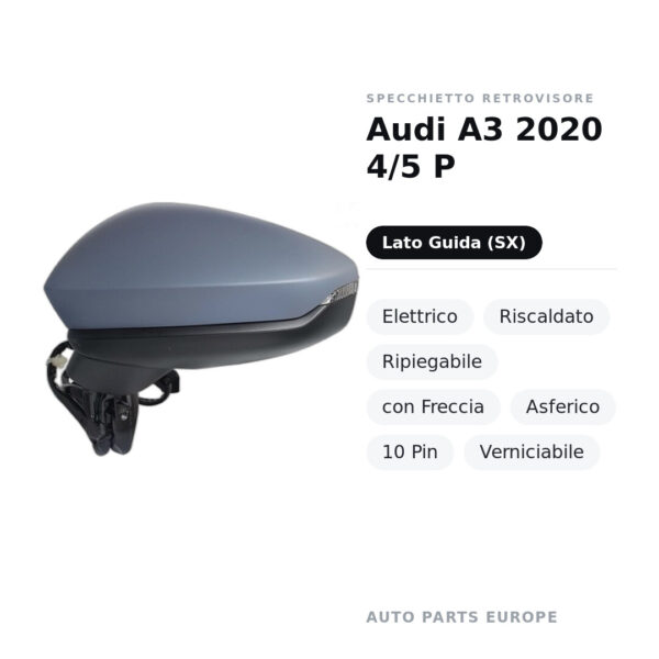 Specchietto Retrovisore Sinistro Audi A3 2020 4/5 P – Elettrico, Riscaldato, Ripiegabile, con Freccia, Asferico, 10 Pin