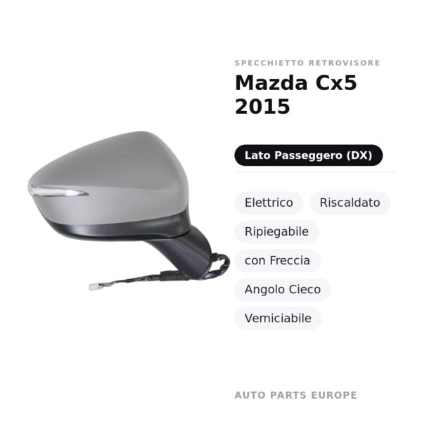 Specchietto Retrovisore Destro Mazda Cx5 2015 – Elettrico, Riscaldato, Ripiegabile, con Freccia, Angolo Cieco, Verniciabile