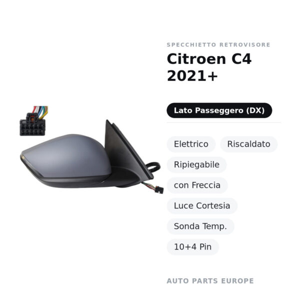 Specchietto Retrovisore Destro Citroen C4 2021+ – Elettrico, Riscaldato, Ripiegabile, con Freccia, Luce Cortesia, Sonda