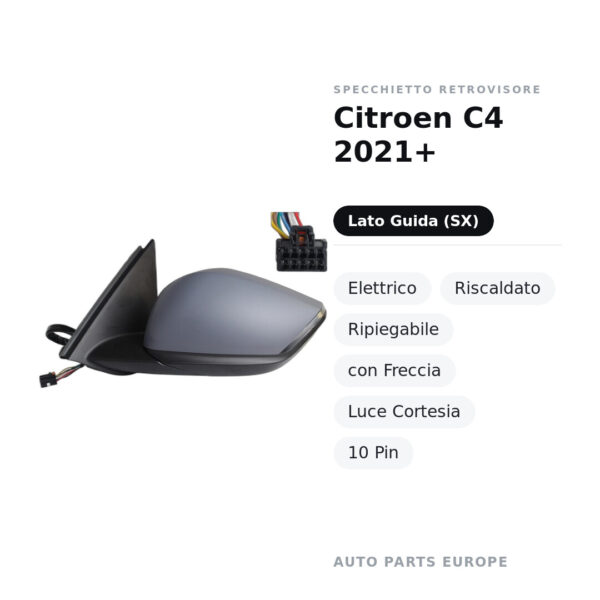 Außenspiegel Links Citroen C4 2021+ – Elektrisch, Beheizt, Klappbar, mit Blinker, Komfortlicht, 10-polig – Bild 2