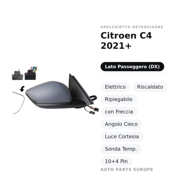 Specchietto Retrovisore Destro Citroen C4 2021+ – Elettrico, Riscaldato, Ripiegabile, con Freccia, Angolo Cieco, Luce