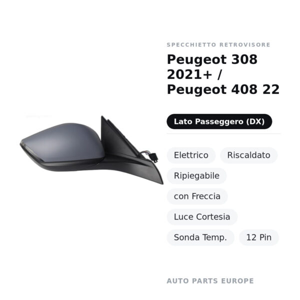 Außenspiegel Rechts Peugeot 308 2021+ / Peugeot 408 22 – Elektrisch, Beheizt, Klappbar, mit Blinker, Innenleuchte