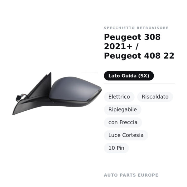 Außenspiegel Links Peugeot 308 2021+ / Peugeot 408 22 – Elektrisch, Beheizt, Klappbar, mit Blinkleuchte, Umgebungslicht
