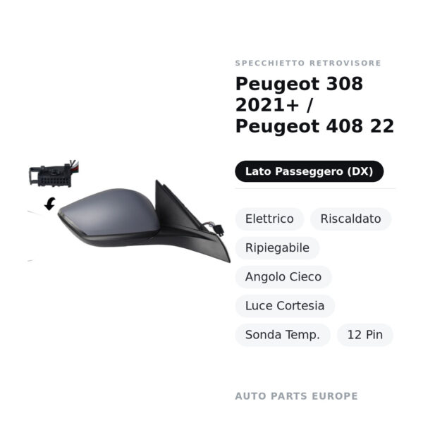 Specchietto Retrovisore Destro Peugeot 308 2021+ / Peugeot 408 22 – Elettrico, Riscaldato, Ripiegabile, Angolo Cieco, Luce