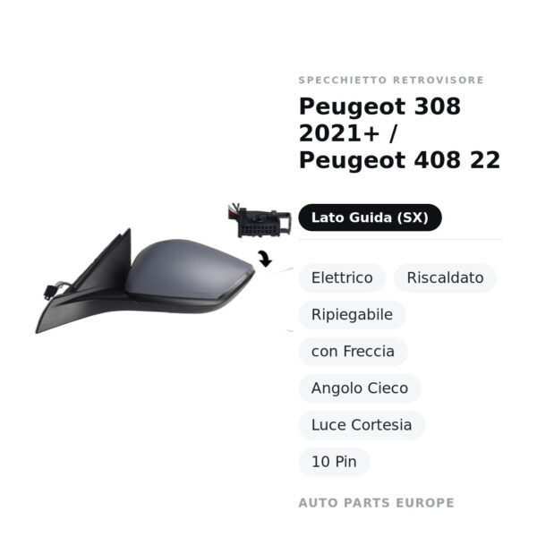 Specchietto Retrovisore Sinistro Peugeot 308 2021+ / Peugeot 408 22 – Elettrico, Riscaldato, Ripiegabile, con Freccia