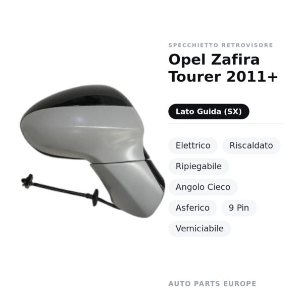 Außenspiegel Links Opel Zafira Tourer 2011+ – Elektrisch, Beheizt, Klappbar, Totwinkelwarner, Asphärisch, 9-polig