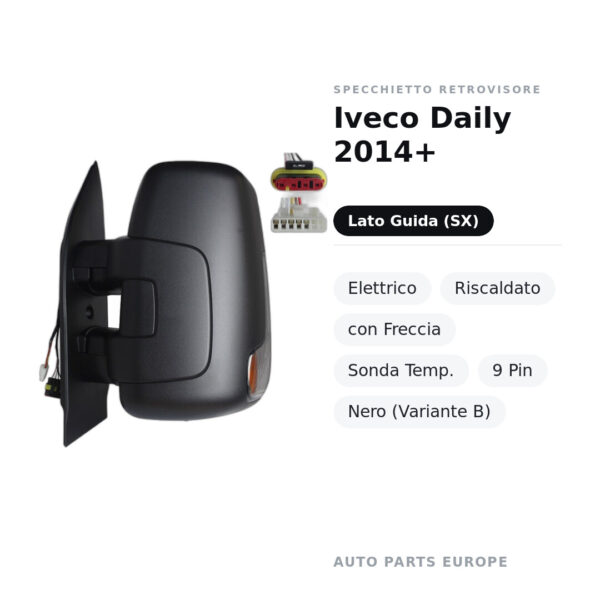 Außenspiegel Links Iveco Daily 2014+ – Elektrisch, Beheizt, mit Blinker, Temperatursensor, 9-polig, Schwarz (Variante B)