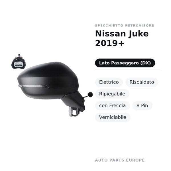 Specchietto Retrovisore Destro Nissan Juke 2019+ – Elettrico, Riscaldato, Ripiegabile, con Freccia, 8 Pin, Verniciabile