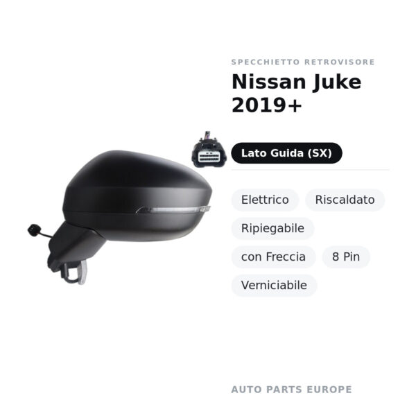 Specchietto Retrovisore Sinistro Nissan Juke 2019+ – Elettrico, Riscaldato, Ripiegabile, con Freccia, 8 Pin, Verniciabile