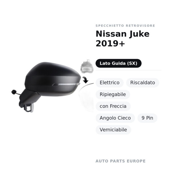 Specchietto Retrovisore Sinistro Nissan Juke 2019+ – Elettrico, Riscaldato, Ripiegabile, con Freccia, Angolo Cieco, 9 Pin