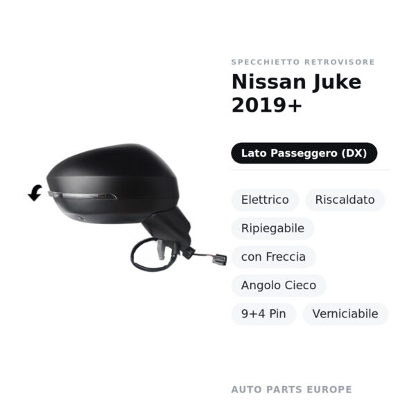 Außenspiegel Rechts Nissan Juke 2019+ – Elektrisch, Beheizt, Klappbar, mit Blinker, Totwinkelwarnung, 9+4 Pin, Lackierbar