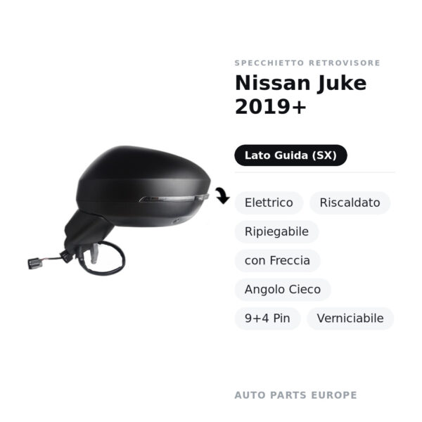 Außenspiegel Links Nissan Juke 2019+ – Elektrisch, Beheizt, Klappbar, mit Blinker, Totwinkelassistent, 9+4 Pin, Lackierbar