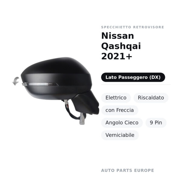 Außenspiegel Rechts Nissan Qashqai 2021+ – Elektrisch, Beheizt, mit Blinker, Toter Winkel, 9-polig, Lackierbar – Bild 2