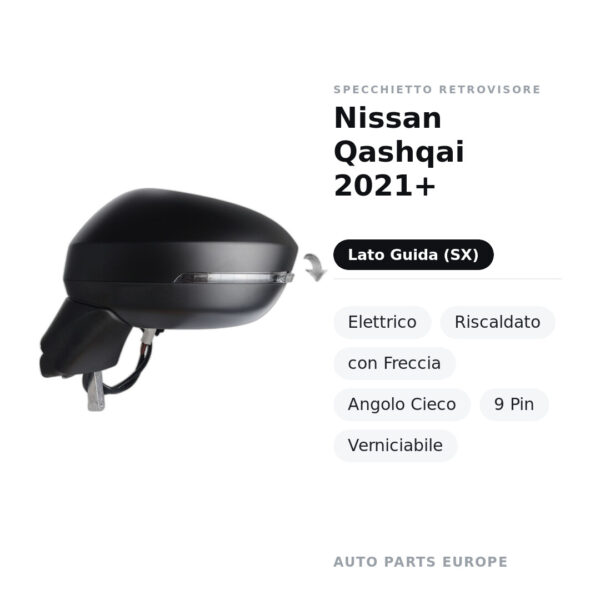 Außenspiegel Links Nissan Qashqai 2021+ – Elektrisch, Beheizbar, mit Blinker, Blind Spot, 9-Polig, Lackierbar – Bild 2