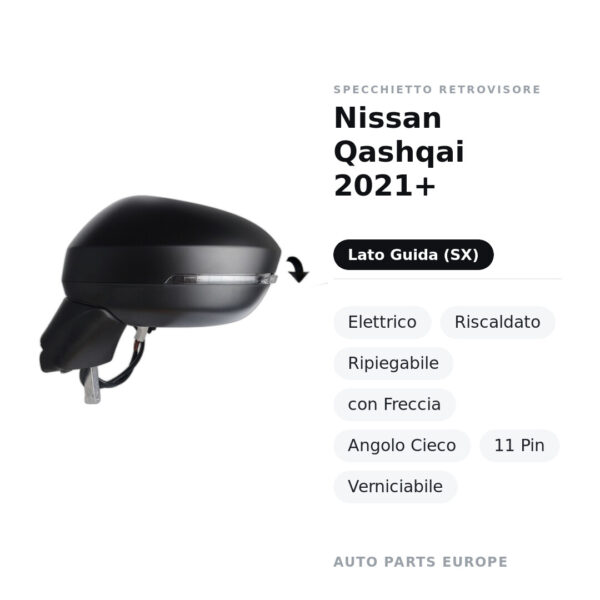 Außenspiegel Links Nissan Qashqai 2021+ – Elektrisch, Beheizt, Klappbar, mit Blinker, Totwinkelassistent, 11-polig