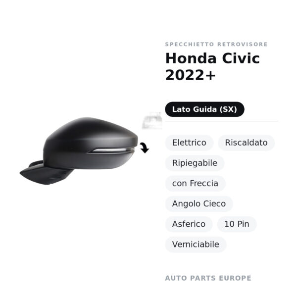 Außenspiegel Links Honda Civic 2022+ – Elektrisch, Beheizt, Klappbar, mit Blinker, Totwinkelwarnung, Asphärisch, 10-polig