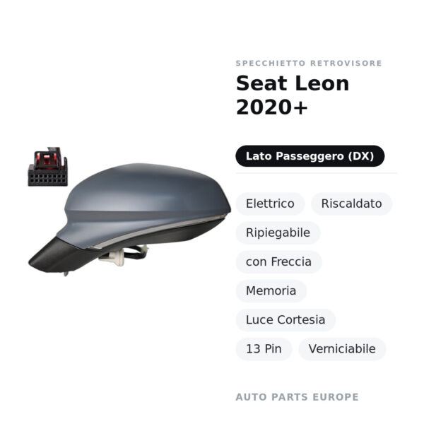 Außenspiegel Rechts Seat Leon 2020+ – Elektrisch, Beheizt, Klappbar, mit Blinker, Speicherfunktion, Innenleuchte, 13-polig