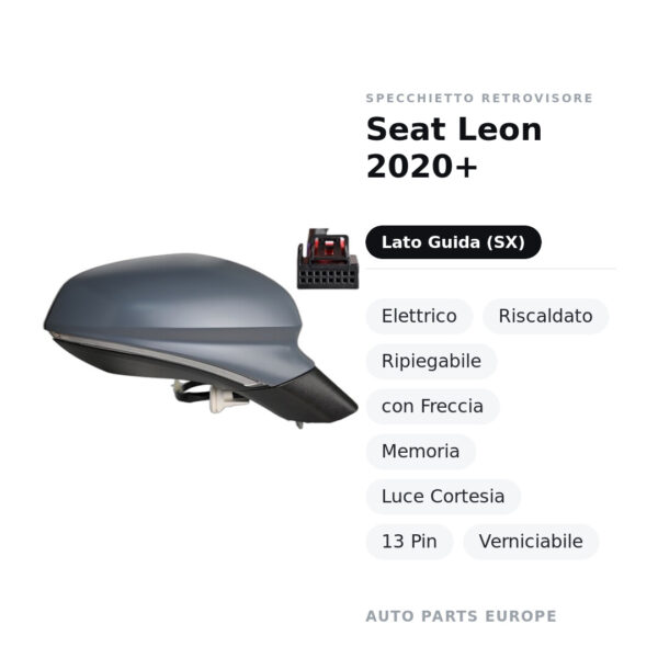 Specchietto Retrovisore Sinistro Seat Leon 2020+ – Elettrico, Riscaldato, Ripiegabile, con Freccia, Memoria, Luce Cortesia