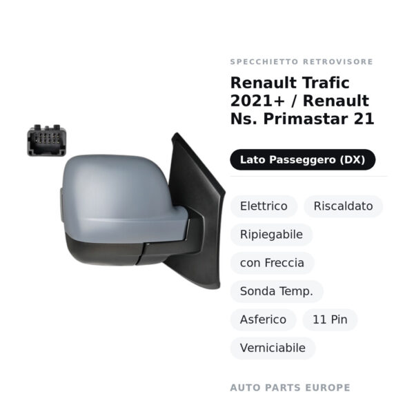 Specchietto Retrovisore Destro Renault Trafic 2021+ / Nissan Primastar 2021 – Elettrico, Riscaldato, Ripiegabile, con