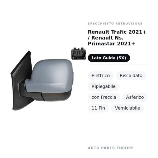 Specchietto Retrovisore Sinistro Renault Trafic 2021+ / Nissan Primastar 2021+ – Elettrico, Riscaldato, Ripiegabile, con