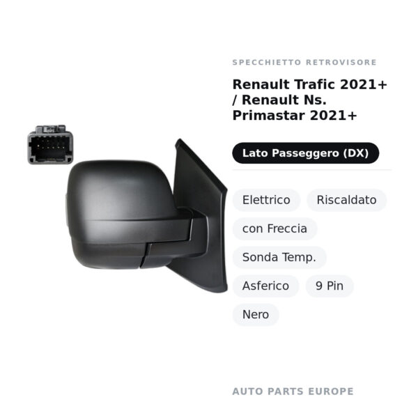 Außenspiegel Rechts Renault Trafic 2021+ / Nissan Primastar 2021+ – Elektrisch, Beheizt, mit Blinker, Temperatursensor