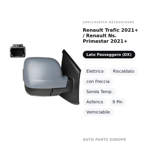 Außenspiegel Rechts Renault Trafic 2021+ / Nissan Primastar 2021+ – Elektrisch, Beheizt, mit Blinker, Temperatursensor