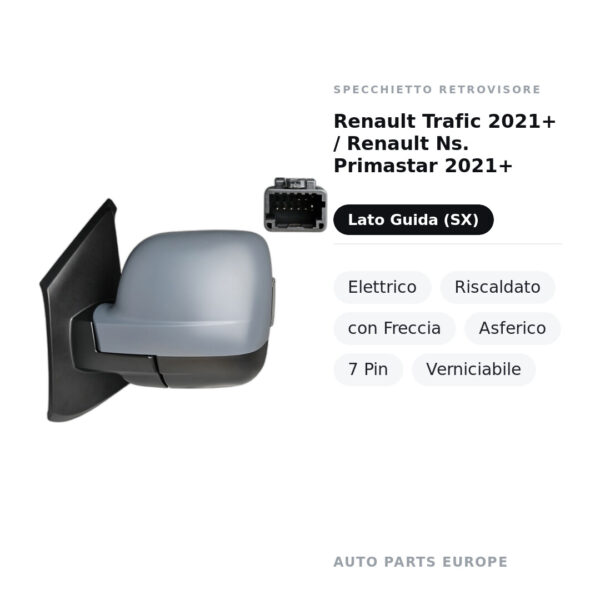 Außenspiegel Links Renault Trafic 2021+ / Nissan Primastar 2021+ – Elektrisch, Beheizt, mit Blinklicht, Asphärisch, 7-polig
