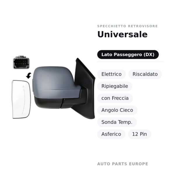 Specchietto Retrovisore Destro Universale – Elettrico, Riscaldato, Ripiegabile, con Freccia, Angolo Cieco, Sonda Temp.