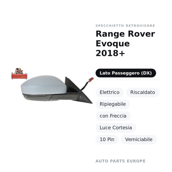 Specchietto Retrovisore Destro Range Rover Evoque 2018+ – Elettrico, Riscaldato, Ripiegabile, con Freccia, Luce Cortesia, 10