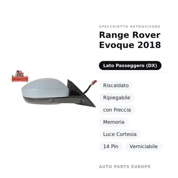 Specchietto Retrovisore Destro Range Rover Evoque 2018 – Riscaldato, Ripiegabile, con Freccia, Memoria, Luce Cortesia, 14