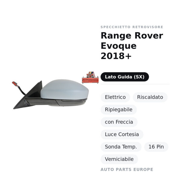 Specchietto Retrovisore Sinistro Range Rover Evoque 2018+ – Elettrico, Riscaldato, Ripiegabile, con Freccia, Luce Cortesia