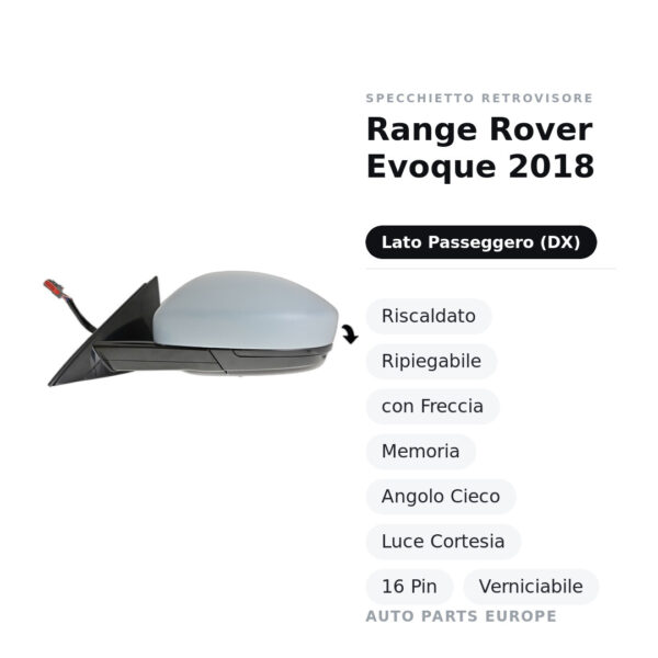 Specchietto Retrovisore Destro Range Rover Evoque 2018 – Riscaldato, Ripiegabile, con Freccia, Memoria, Angolo Cieco, Luce